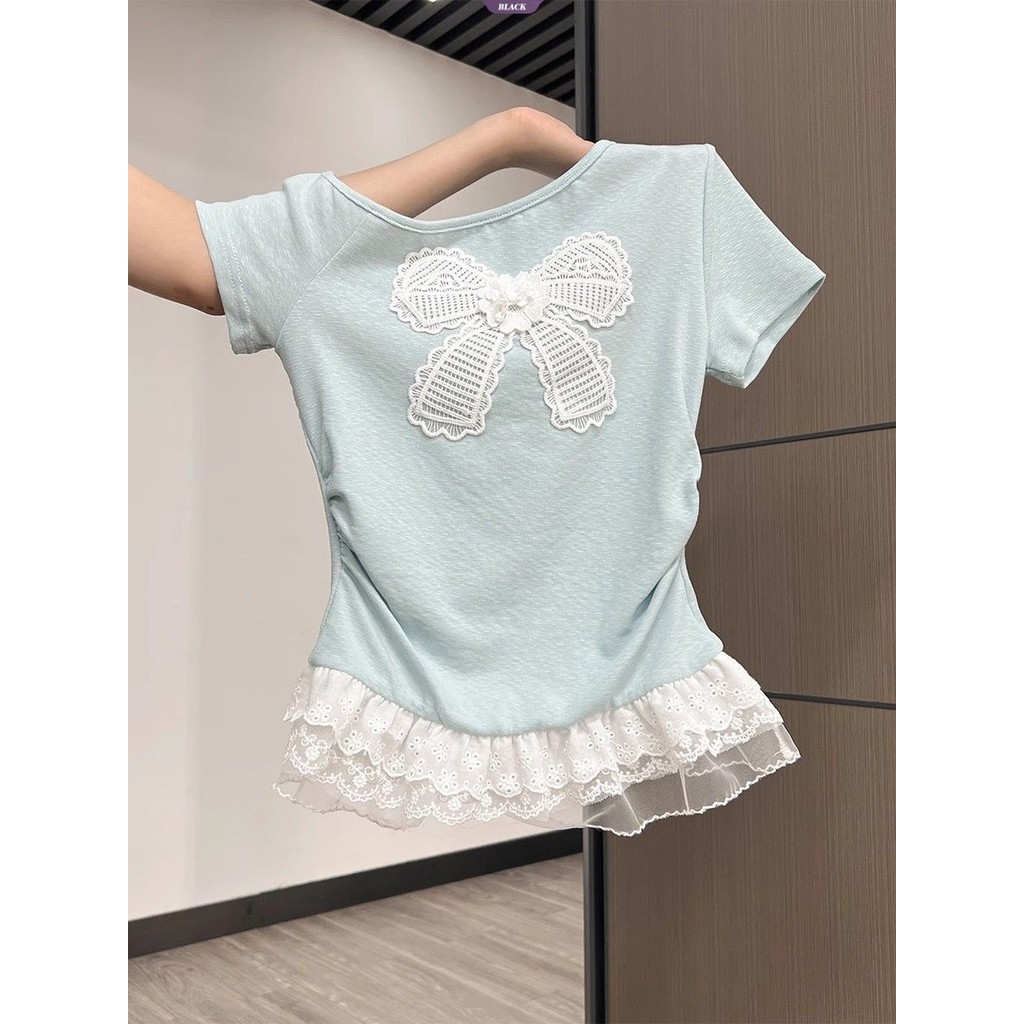 Ngọt Ngào Slant Vai Ren Áo Thun Nữ Mùa Hè Mới Ôm Nơ Thiết Kế Sense Niche Top Tide [BL]