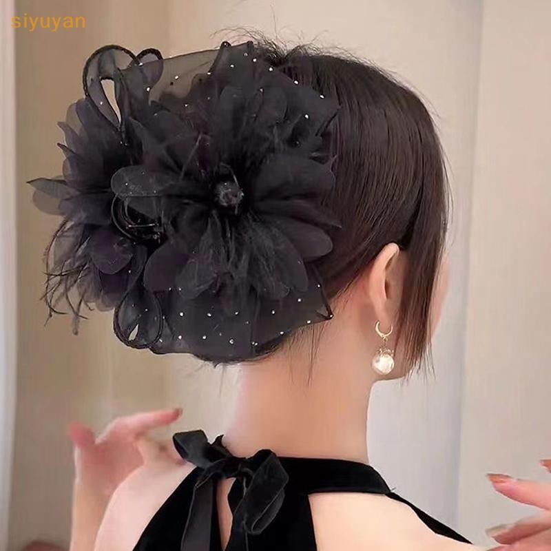 Siyuyan Lưới Ren Đen Ruy Băng Nơ Kẹp Tóc Lớn Đuôi Ngựa Giá Đỡ Kẹp Tóc Phụ Kiện Tóc Cho Nữ VN