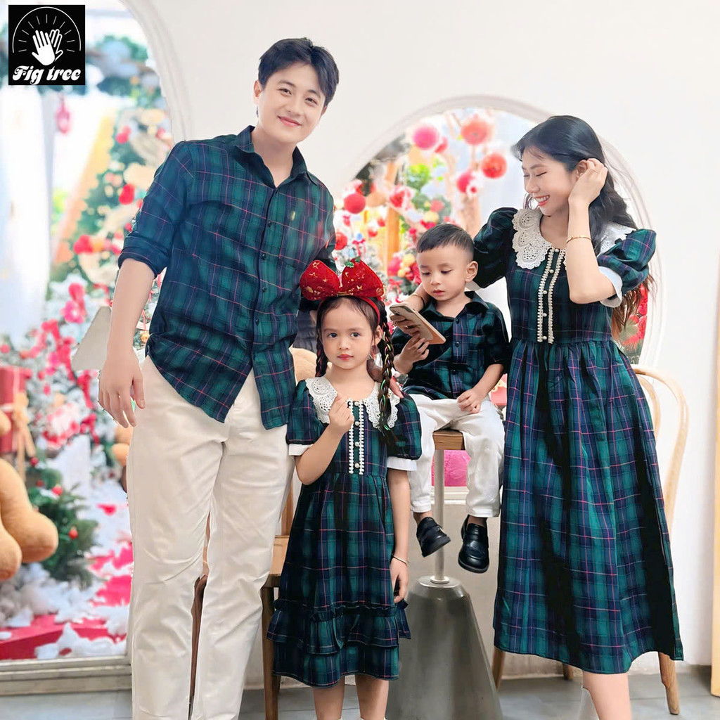 Áo Sơ Mi Váy Gia Đình Fig Tree Caro Xanh Rêu Lên Dáng Siêu Xinh (MS190)