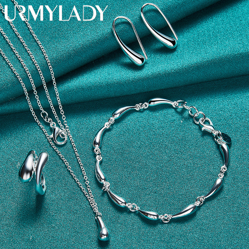 URMYLADY Bạc 925 Giọt Nước Vòng Tay Vòng Cổ Nhẫn Bông Tai Nữ Quyến Rũ Bộ Trang Sức