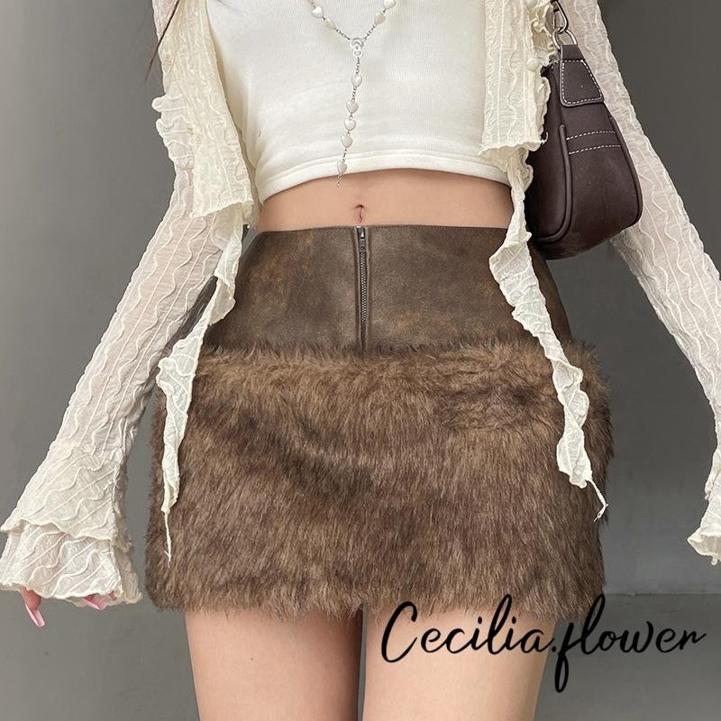Váy chắp vá bằng da lông thú nữ eo thấp phía trước có dây kéo Bodycon Váy Mini cho bữa tiệc