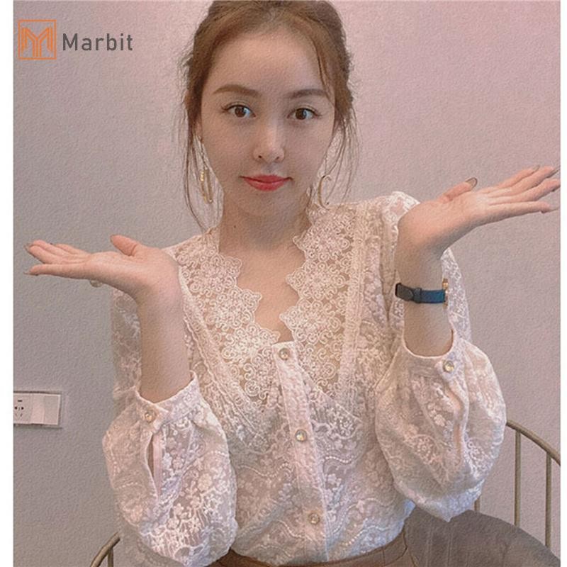 Marbit Nữ Mùa Hè Mới Tính Khí Áo Sơ Mi Cổ Chữ V Bong Bóng Tay Áo Sơ Mi Voan Dài Tay Mỏng Áo Sơ Mi Mới
