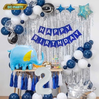 Set Bóng Trang Trí Sinh Nhật Tuổi Meo,tuổi Mão, thôi nôi, 12 con giáp cho bé gái - bé trai SNTE-RÈM BẠC 2-VOI XANH