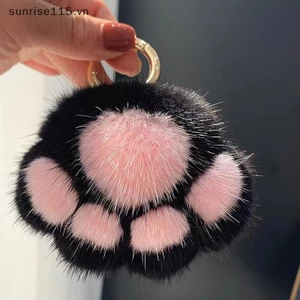 Srvn Hồng Đen Lông Tơ Paw Móc Khóa Tóc Pompon Móc Khóa Dành Cho Nữ Cô Gái Dễ Thương Paw Mặt Dây Chuyền Túi Chìa Khóa Ô Tô Trang Trí.