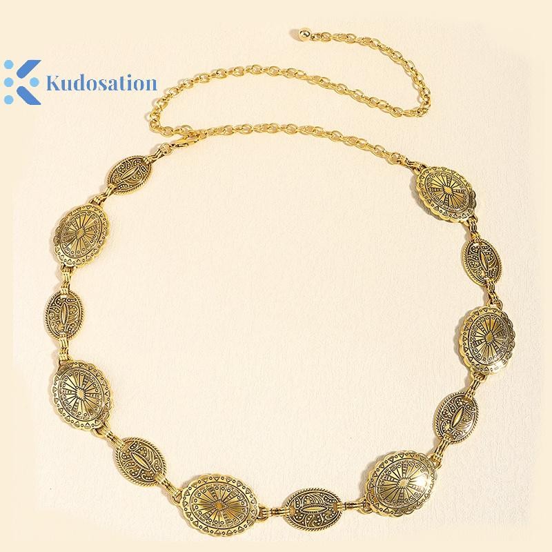 Kudosation Phong Cách Retro Nữ Dây Thắt Lưng Kim Loại Có Thể Điều Chỉnh Trang Trí Vòng Tròn Khắc Dây Xích Đai Phong Cách Cao Cấp Phụ Kiện