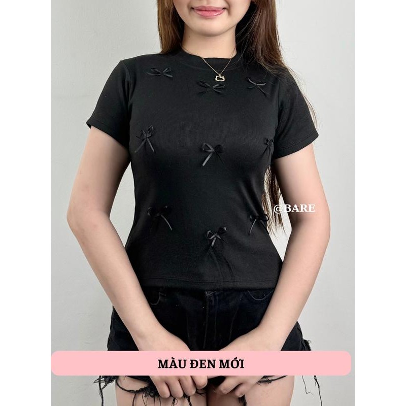 (Có size) Áo thun ôm body nữ tay ngắn gắn nhiều nơ nhỏ xinh xắn chất thun thái mềm co dãn tôn dáng-A31