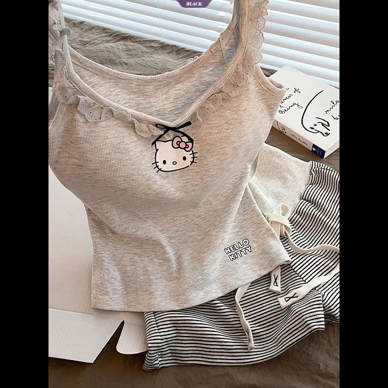Bộ đồ ngủ hở ngực in hình Hello Kitty dễ thương Bộ đồ ngủ nữ mùa hè 2025 Bộ quần short sọc mới [BL]