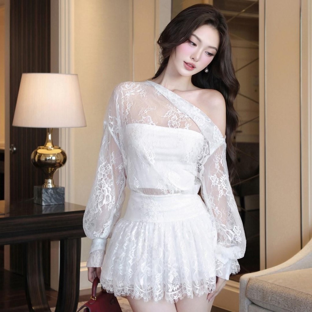 Set Khiết ren lệch vai váy dáng xoè trẻ trung thanh lịch KS108A