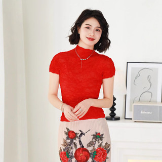 Miyake Xếp Ly Phong Cách Mới Đơn Giản Slim-fit Bên Trong Tay Ngắn Cổ Nửa Cao Áo Chui Đầu Nữ Mỏng T @ -