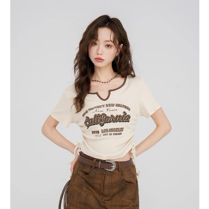 YURAN Áo Thun Nữ Croptop Cổ Chữ V Kiểu Dáng Hàn Quốc Dây Rút Eo Ôm Body ...
