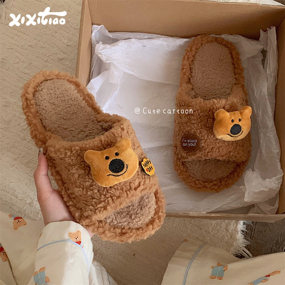 XIXITIAO Dép Giữ Ấm Đầu Gấu Lông Nữ Đế Dày Nhà Thoải Mái