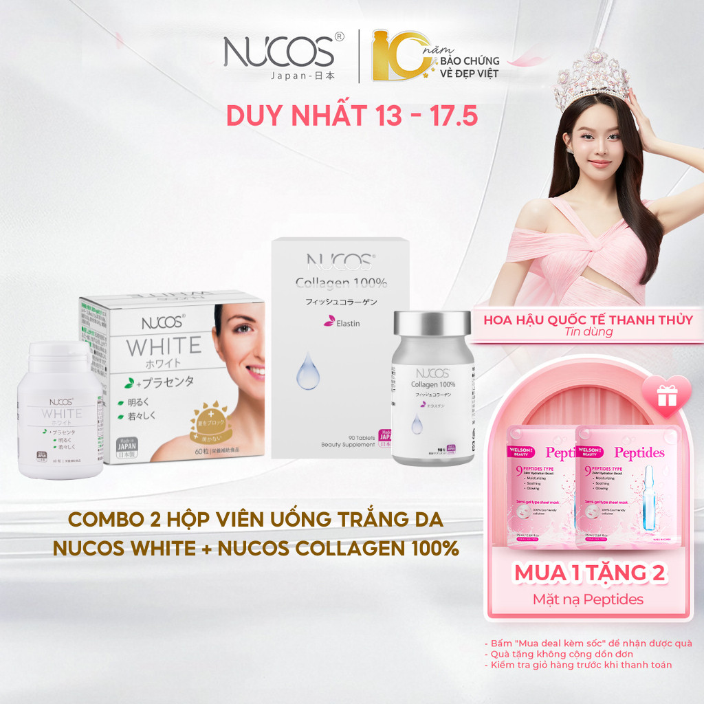 Ảnh TPBVSK Combo Trắng Da Chống Lão Hoá Viên Uống Nucos White Hộp 60Viên, Nucos Collagen 100% Hộp 90Viên 1