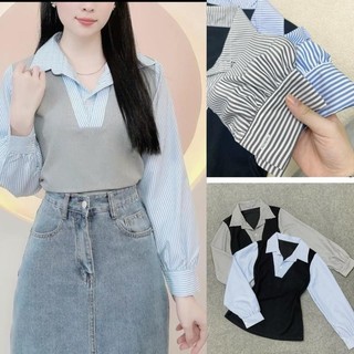 Đồ  bigsize nữ gồm áo  kiểu và áo phối cổ sơ mi tay bồng điệu đà đi học, đi làm cho nàng Chuppy- SM188+SM185