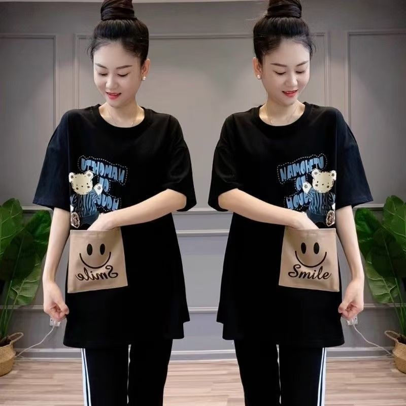 150kg Mùa Hè Phong Cách Mới Áo Thun Rời Thường Ngày Gấu Giữa Chiều Dài Túi Ngắn Tay Top