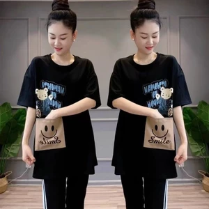 150kg Mùa Hè Phong Cách Mới Áo Thun Rời Thường Ngày Gấu Giữa Chiều Dài Túi Ngắn Tay Top