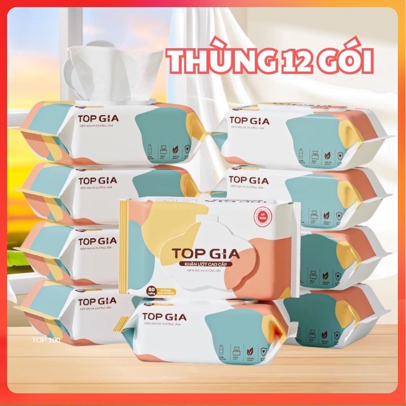 [MẪU MỚI] Thùng 12 bịch khăn ướt cao cấp Topgia 80 tờ không mùi không parabens dành cho em bé