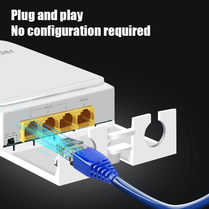 Bộ mở rộng POE chống nước cho máy ảnh không dây Bộ lặp POE Truyền mạng ngoài trời IP55 VLAN 44-57V 1000Mbps 4 cổng