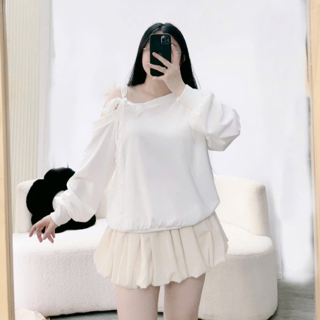 Set Bộ Tiểu Thư Bigsize Áo Kiểu Trễ Vai Kèm Chân Váy Bí Cho Chubby Mặc Tết Noel SET931