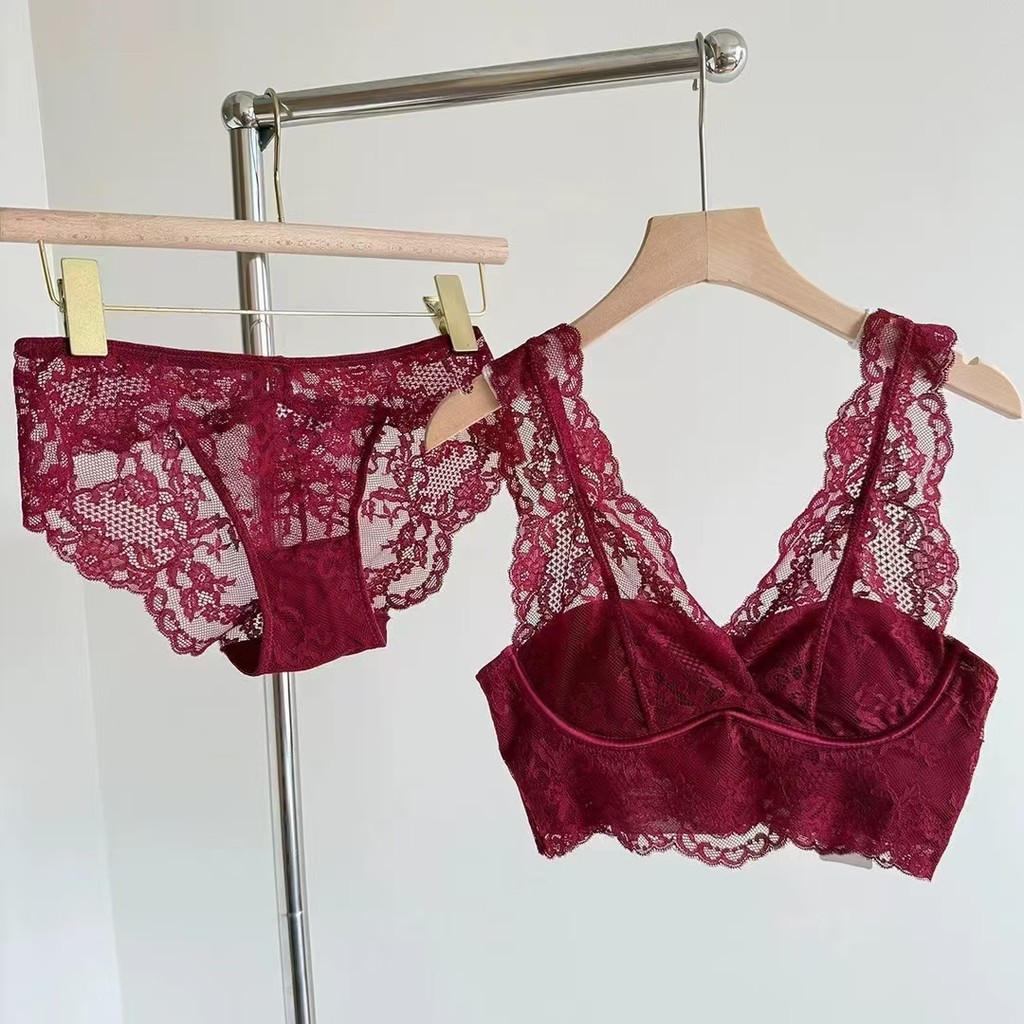 Bộ Đồ Lót Ren Đỏ Nữ Phong Cách Pháp Không Dây Lưng Đẹp Áo Cưới