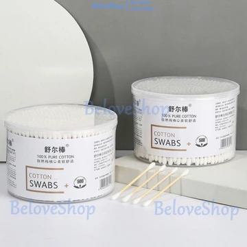 Hộp 500/100 tăm bông ráy tai, thân tăm gỗ 2 đầu chất liệu bông được khử khuẩn siêu sạch