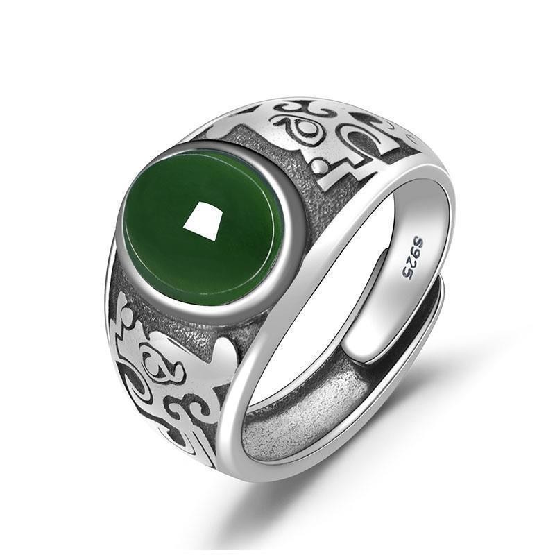 Retro S925 Bạc Ngọc Lục Bảo Giả Hetian Ngọc Nhẫn Nam Đơn Giản Mở Có Thể Điều Chỉnh