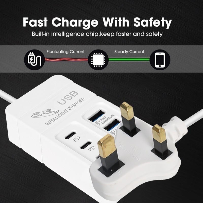 [Đặc sắc] Ổ cắm sạc USB đa cổng 35W - Dải nguồn máy tính bảng điện thoại - Ổ cắm phích cắm Anh / EU / US - Ổ cắm sạc nhanh loại C - Ổ cắm mở rộng sạc tường - Hub USB 6 cổng