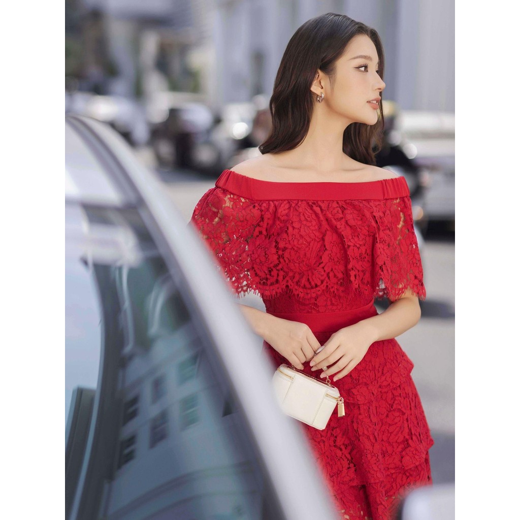 Ảnh JOVEN Đầm Nữ Naomi Midi 3 Tầng Lai Xéo Bẹt Vai Có Bèo Nhún 2