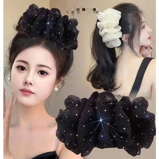 kẹp tóc nơ tiểu thư càng cua Hai Mặt Tạo Bong Bóng LASSY Kẹp tóc nơ voan chấm bi cặp tóc nơ size lớn búi sau