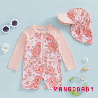 MG-Toddler Girl Áo tắm dài tay in hoa / Flamingo nửa dây kéo chống đóng cọc Rash Guard Đồ bơi Sunhat Set