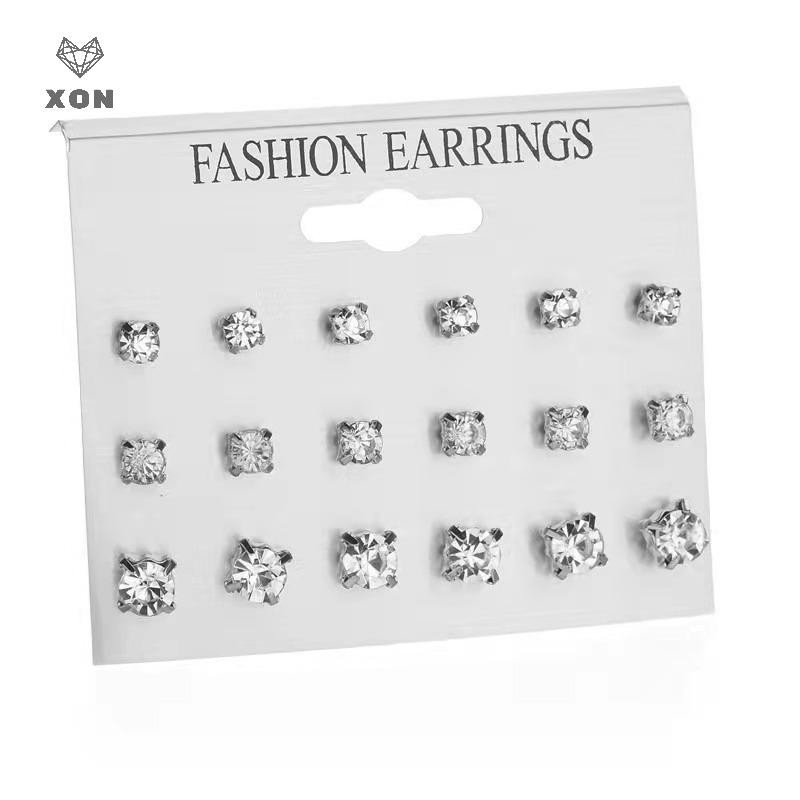 XON Set 9 Đôi Bông Tai Đính Đá Pha Lê Hình Vuông Đơn Giản Thời Trang Cho Nữ