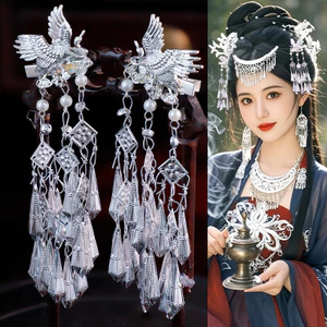 Kẹp tóc dài tua rua phong cách Miao bạc phượng mới cho phụ nữ, phụ kiện tóc phong cách dân tộc Miao giả bạc retro 6HEF
