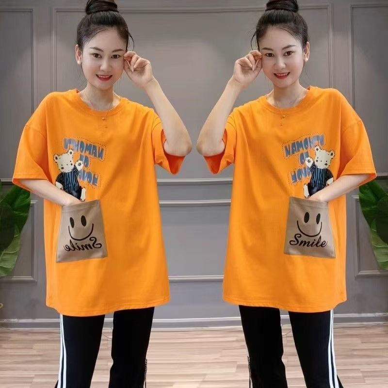150kg Mùa Hè Phong Cách Mới Áo Thun Rời Thường Ngày Gấu Giữa Chiều Dài Túi Ngắn Tay Top