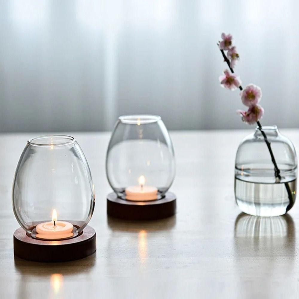 Chân nến thủy tinh SHUPUN, Chân nến trong suốt rỗng, Retro có đế gỗ tròn chống gió Vỏ cốc nến tiệc cưới