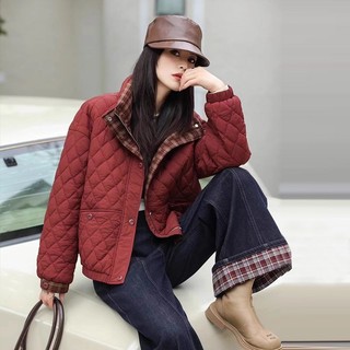 Áo khoác Cotton ngắn có đệm mùa đông phong cách mới hình thoi hai bông dáng rộng mỏng hơn nhìn đứng cổ áo phong cách phương Tây xuống Pad