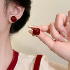 Retro Tính Khí Đỏ Bông Tai Làm Trắng Da Cao Cấp Đơn Giản Bông Tai Thu Đông Phong Cách Năm Mới Bông Tai Thời Trang