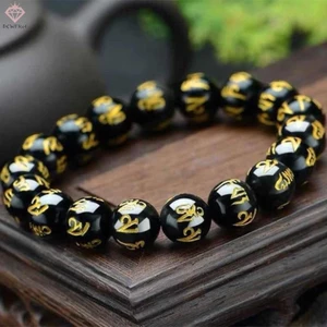 Phật giáo Tây Tạng Vòng tay Mantra sáu từ dành cho nam giới Phụ nữ Bùa hộ mệnh màu đen Vòng tay may mắn Trang sức có hộp quà tặng Mới