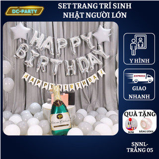 Set trang trí sinh nhật người lớn kiểu hàng quốc màu trắng đen SNNL-TRẮNG 05, Bóng bay trang trí sinh nhật cho bé
