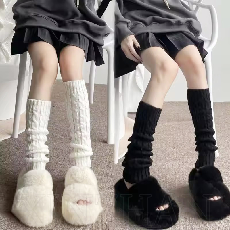 40-70cm JK Girl Thu Đông Chân Cover - Tất len xếp chồng lên nhau phong cách Lolita Harajuku - Tất dài bảo vệ chân ấm dệt kim Y2K - Chống lạnh, Vớ trắng dễ thương ngọt ngào thời trang