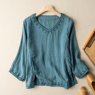 2025 Áo blouse thêu cotton lanh tay ba phần tư cổ V phong cách dân tộc nghệ thuật retro cho phụ nữ mùa hè
