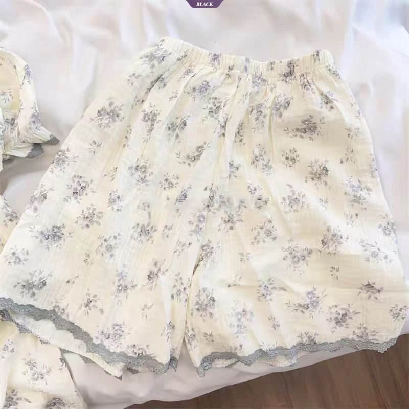 Bộ Đồ Ngủ Hoa Dễ Thương Nhật Bản Nữ Mùa Hè Tay Ngắn Ngọt Ngào Nơ Cổ Tròn Loungewear Set [BL]