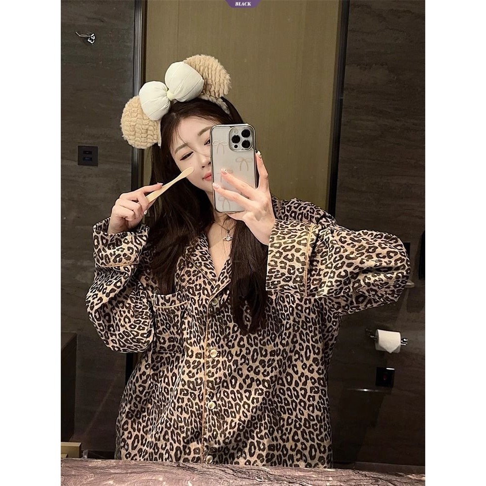 Bộ đồ ngủ in họa tiết da báo cao cấp dành cho nữ Xuân Thu Áo len Cardigan dài tay đơn giản Bộ đồ mặc nhà ngọt ngào [BL]