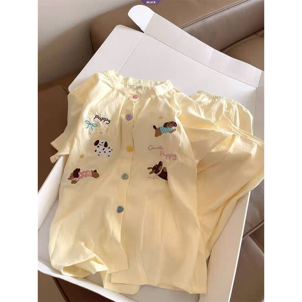 Bộ đồ ngủ Dachshund hoạt hình dễ thương Nữ mùa hè 2025 Quần Short ngắn tay mới Bộ đồ mặc nhà Nhật Bản [BL]