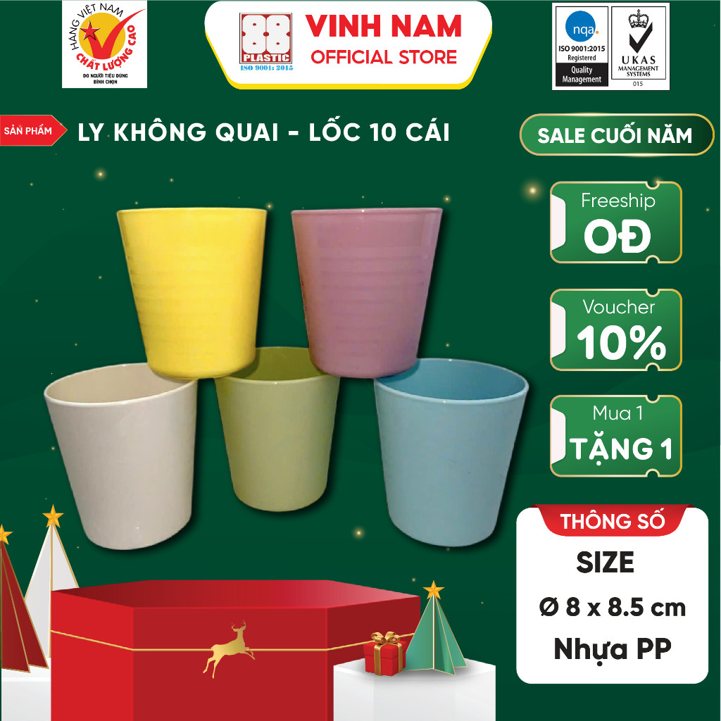 Combo 10 Ly Không Quai Vinh Nam Plastic Chất Lượng Cao Màu Sắc Đa Dạng Thiết Kế Sang Trọng Mã 1023