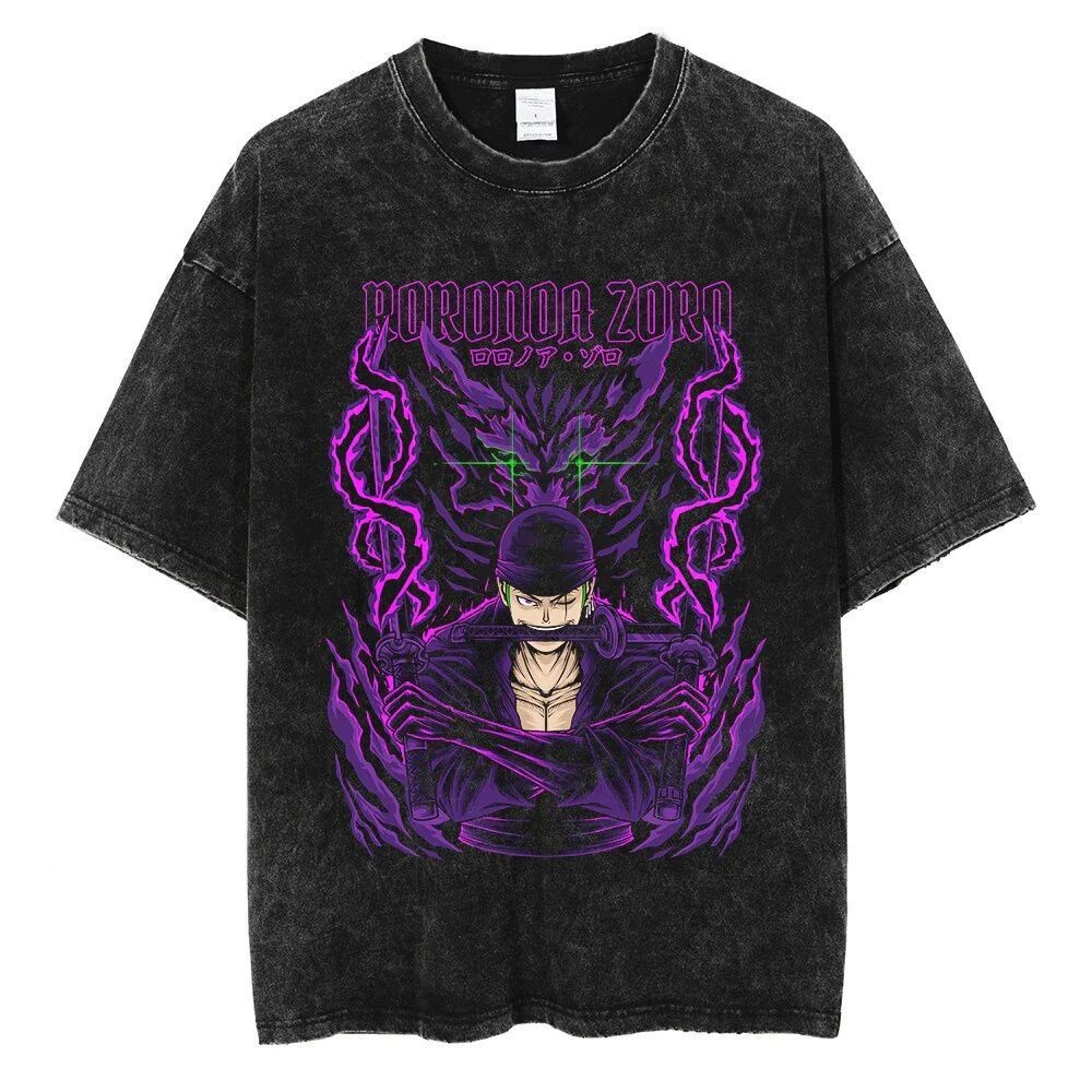Áo thun vintage phai màu phong cách Mỹ Hip Hop Anime One Piece rộng rãi Ukiyo-e mùa hè