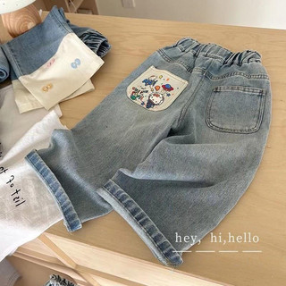 Quần jeans rộng rãi phong cách Hàn Quốc mới cho bé gái mùa xuân và mùa thu, quần thẳng thời trang cho trẻ em, quần dài hoạt hình cho bé gái