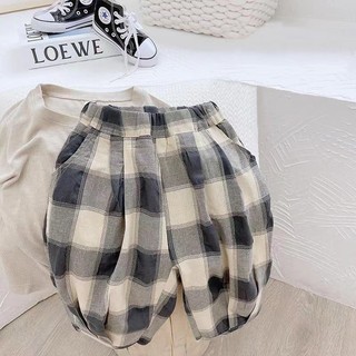 Quần kẻ caro cotton lanh mềm mại mỏng cho bé trai mùa hè, quần capri thường ngày cho trẻ nhỏ và trẻ trung, quần harem rộng rãi cho trẻ em