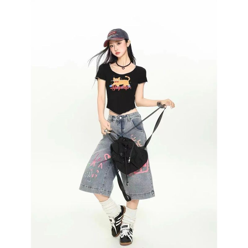 ThaliaWisp Quần Denim ống rộng thời trang với thiết kế Graffiti đầy màu sắc