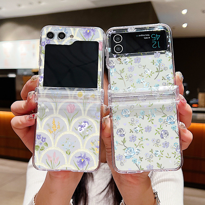 Hoa Họa Tiết Trong Suốt Ốp Lưng Điện Thoại Samsung Galaxy Z Flip 7 Flip 6 Flip 5 Flip 4 Flip 3 5G Full Bản Lề Cứng PC Gấp Bao Dành Cho Samsung Z Flip7 Flip6 Flip5 Flip4 Flip3
