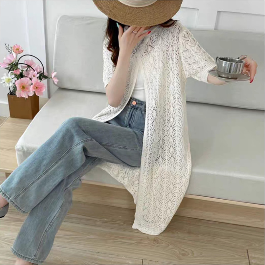 SUXI Mùa hè Mới Đơn Giản Nữ Phong Cách Hàn Quốc Móc Hoa Rỗng Dệt Kim Cardigan 250510