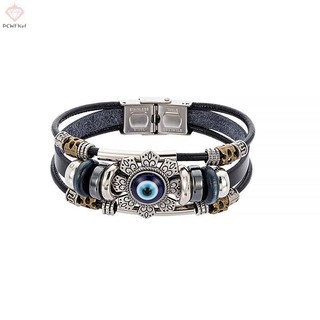 [PCWKKef] Lucky Eye Thổ Nhĩ Kỳ Vòng Tay Punk Nhiều Lớp Da Handmade Vòng Tay Mới